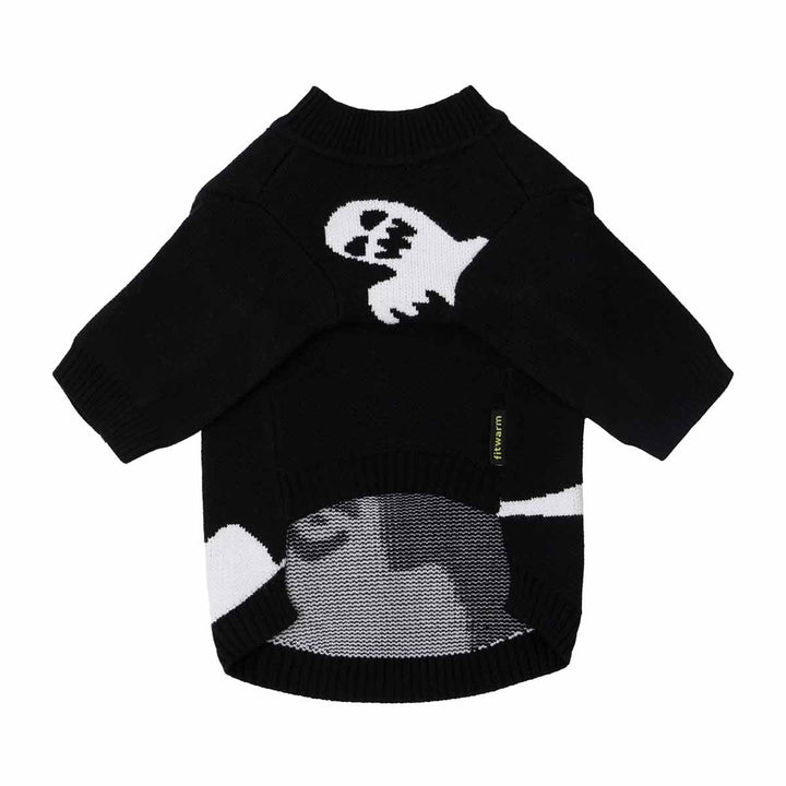 Black knit ghost dog sweater with white spooky designs. Soft, stretchy pullover Halloween apparel for pets.