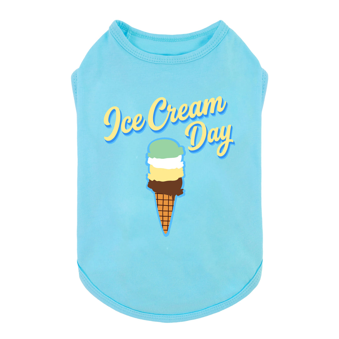 Blue dog tank top with 'Ice Cream Day' text and ice cream cone graphic on a white background