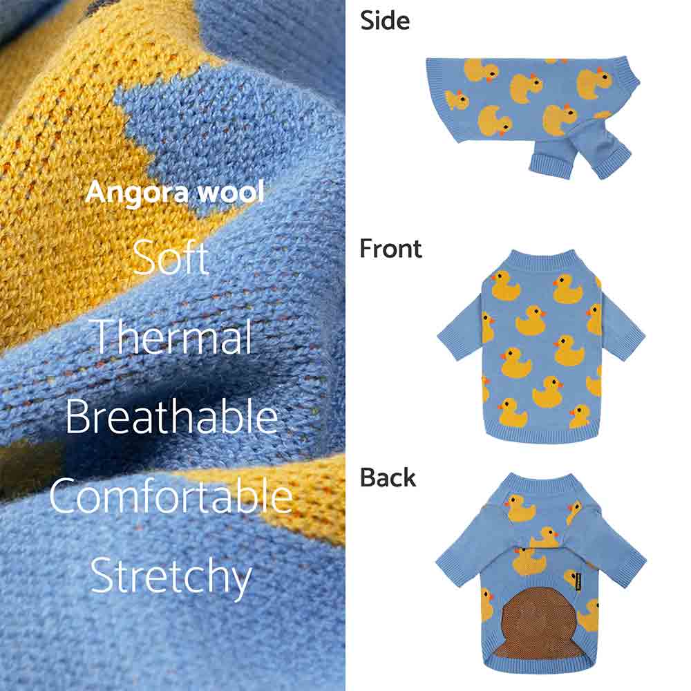 Light blue knitted dog sweater with yellow duck print pattern - side, front and back product views for small dogs.