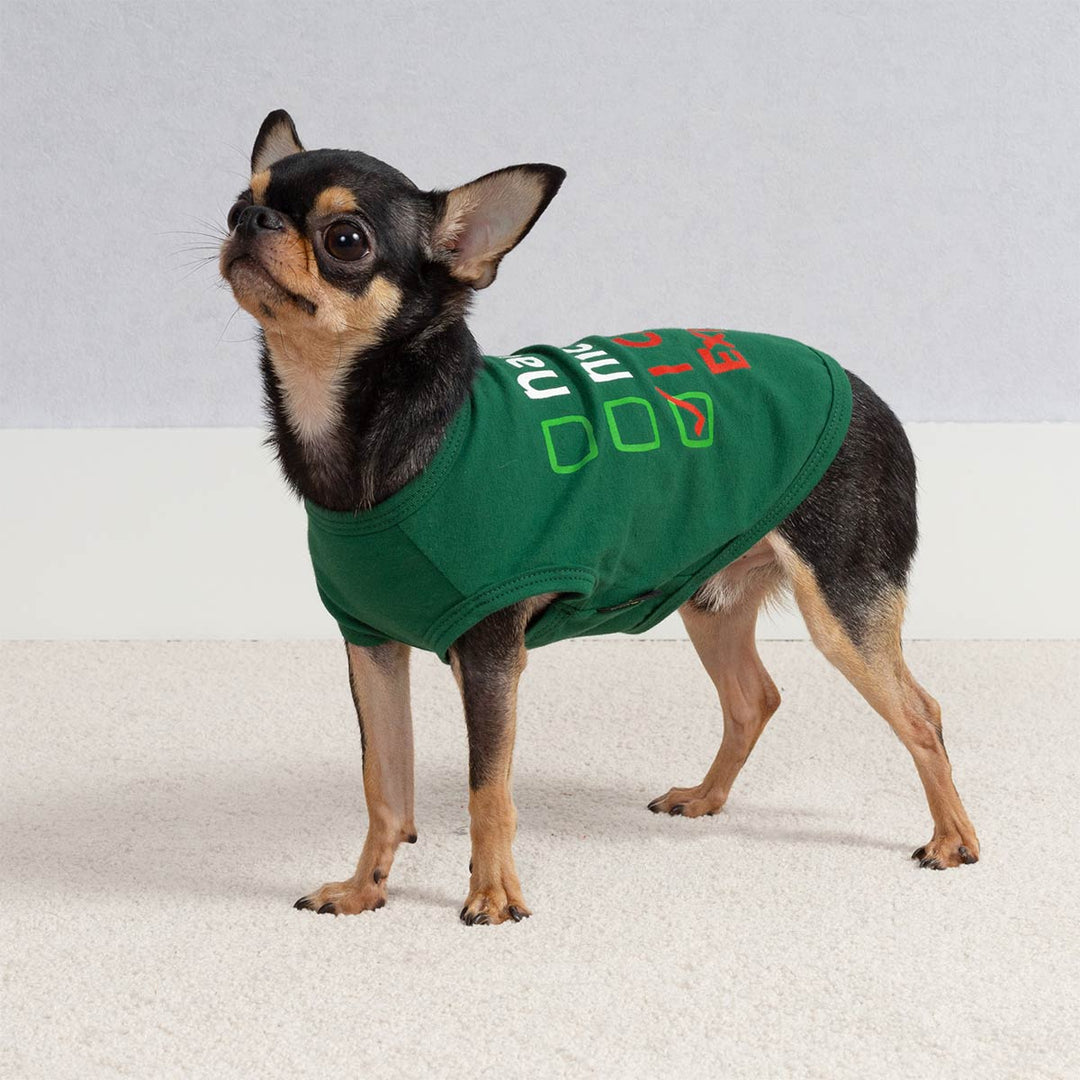 Cute dog dressed in green Christmas dog tank top featuring playful holiday text and graphic details