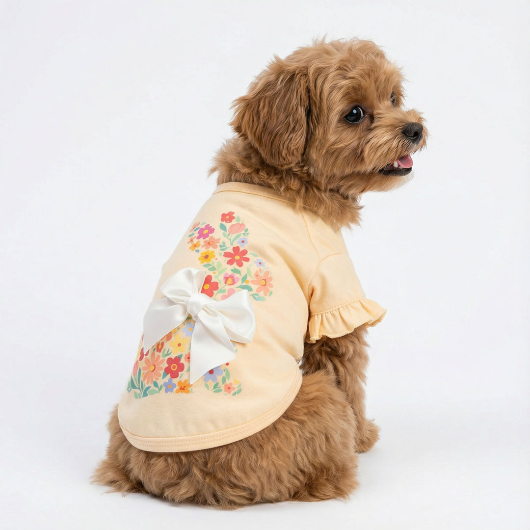 Ruffle dog tshirt designed with a floral bunny on a dog