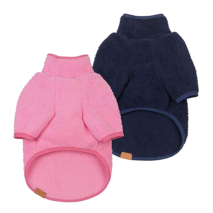 2 pack dog fleece sweaters shown on a plain white background: one bright pink and one dark navy blue