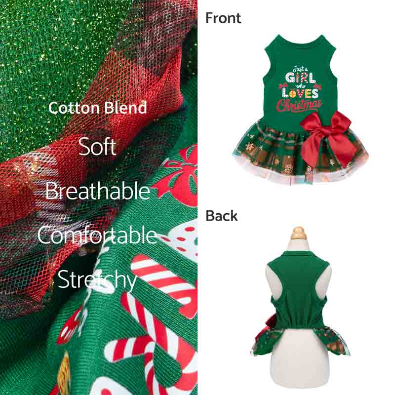 Christmas dog dress in cotton blend with front and back views, featuring plaid glitter skirt and red bow.