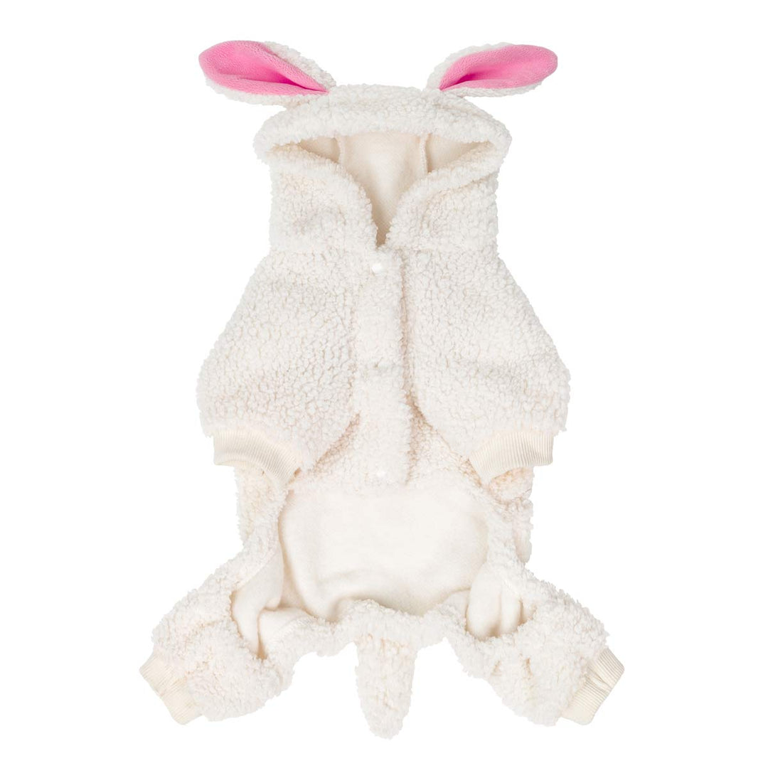Cozy white sherpa dog Halloween lamb costume with hooded pink ears and ribbed cuffs.