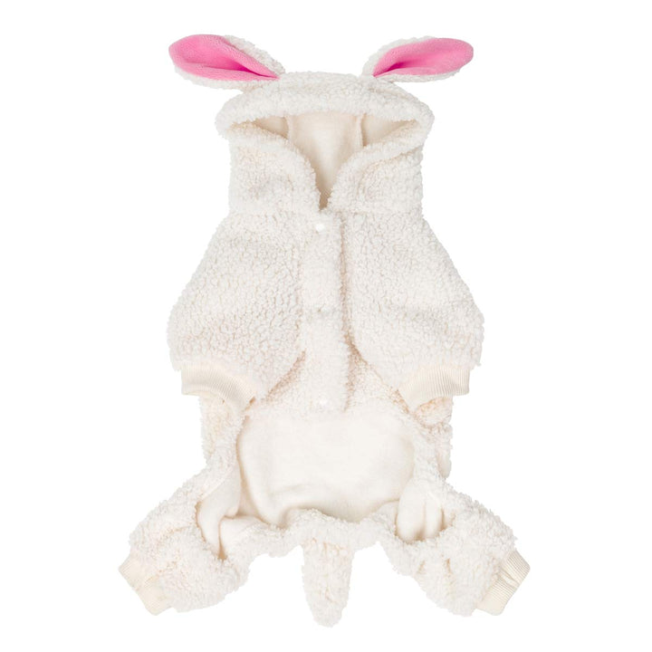 Cozy white sherpa dog Halloween lamb costume with hooded pink ears and ribbed cuffs.
