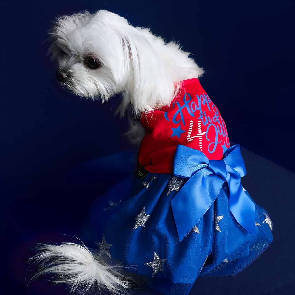 Festive 4th of July Dog Dress with Bow and Stars - Fitwarm Dog Clothes