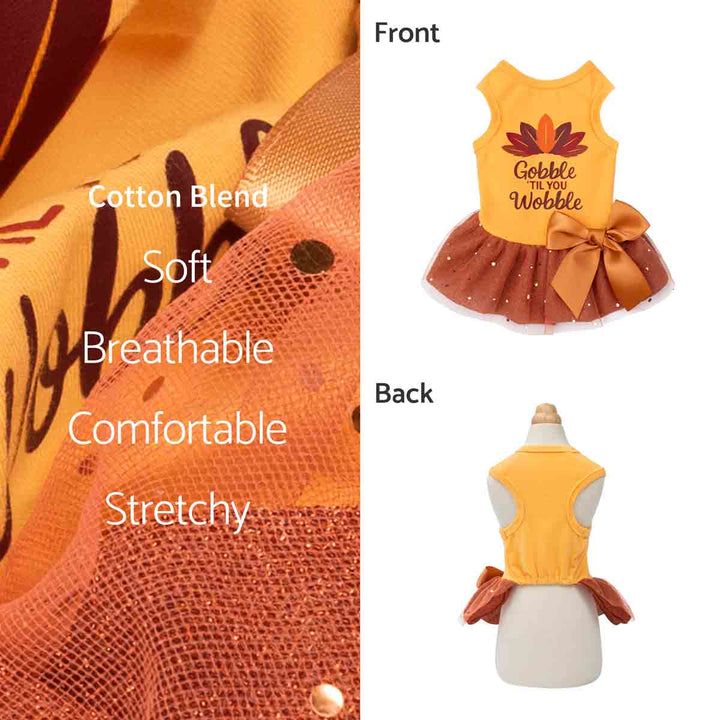 Thanksgiving dog dress made of cotton blend fabric, shown with front and back views, featuring breathable, comfortable, and stretchy design.