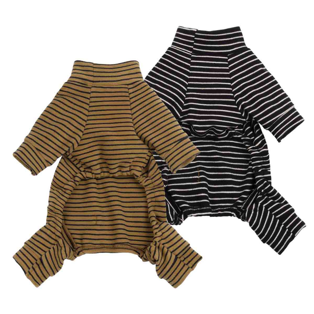 Back view of striped dog pajamas, four leg design with stretchy cuffs and belly cut.