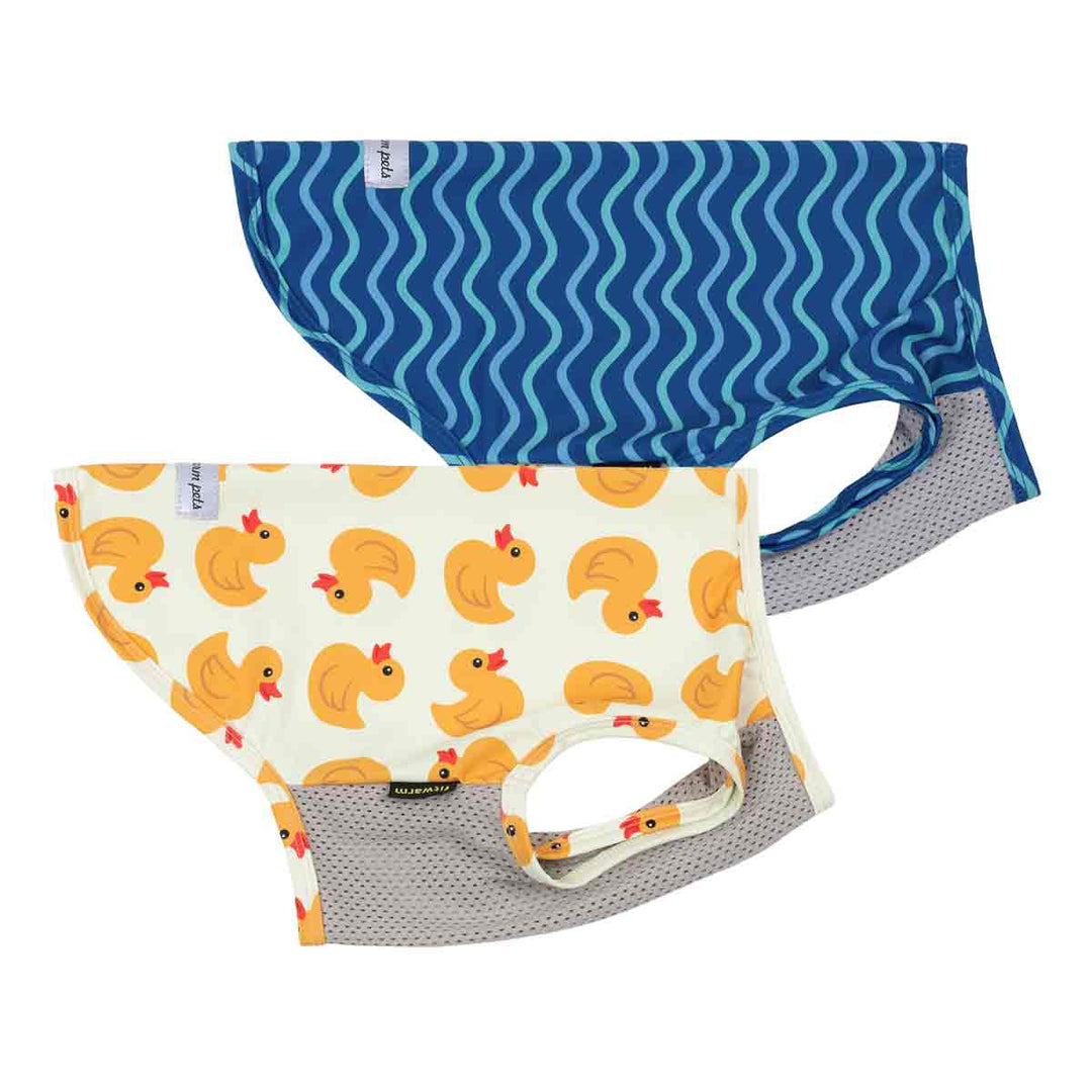 2-pack dog UV protection shirts: duck print & ocean waves. Breathable mesh.