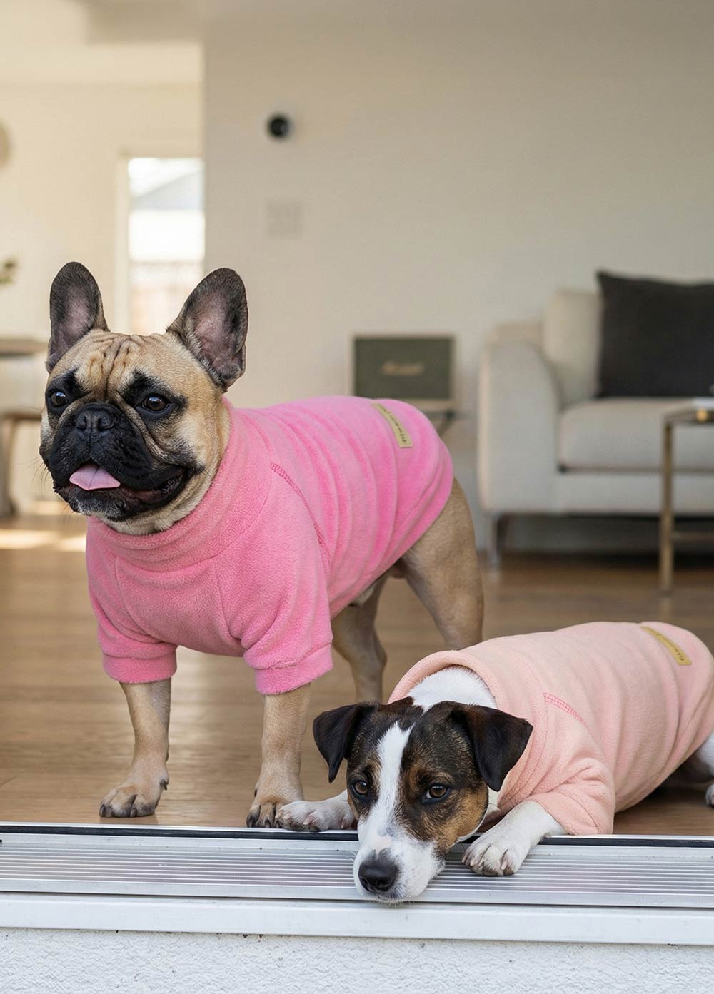 Two dogs wearing pink sweater for dogs standing on a wooden floor.