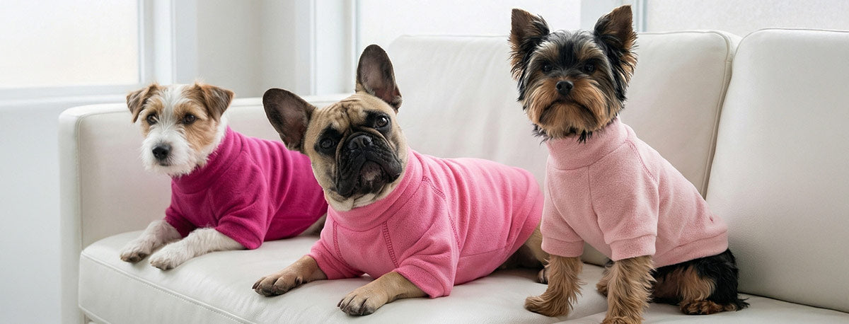 Three dogs wearing pink dog sweaters sitting on a white couch.