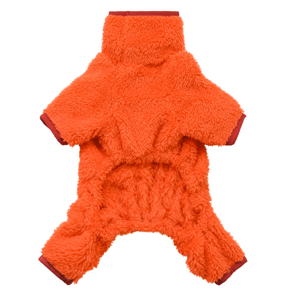 Orange fuzzy dog pajamas with a high collar, cozy winter wear, Fitwarm pajamas.