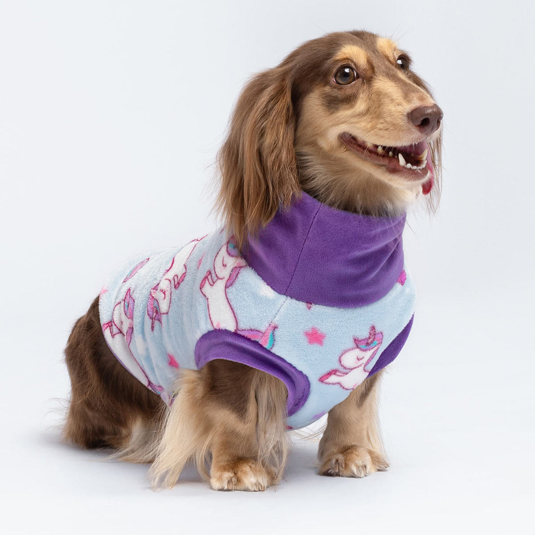 Light blue fleece dog sweater with unicorn print and purple collar on dachshund.