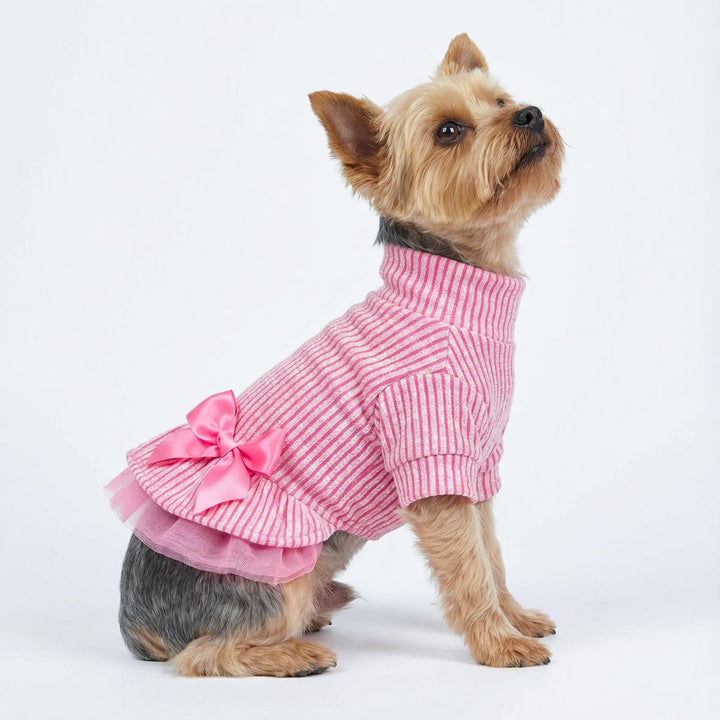 Pink striped turtleneck knitted dog dress with tulle hem and satin bow.