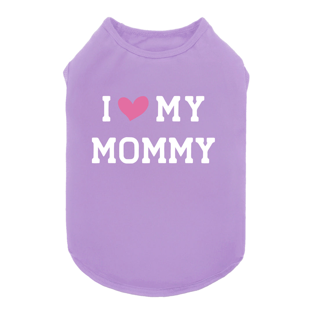 Purple dog shirt with “I ❤️ My Mommy” text print, featuring a simple and cute design.