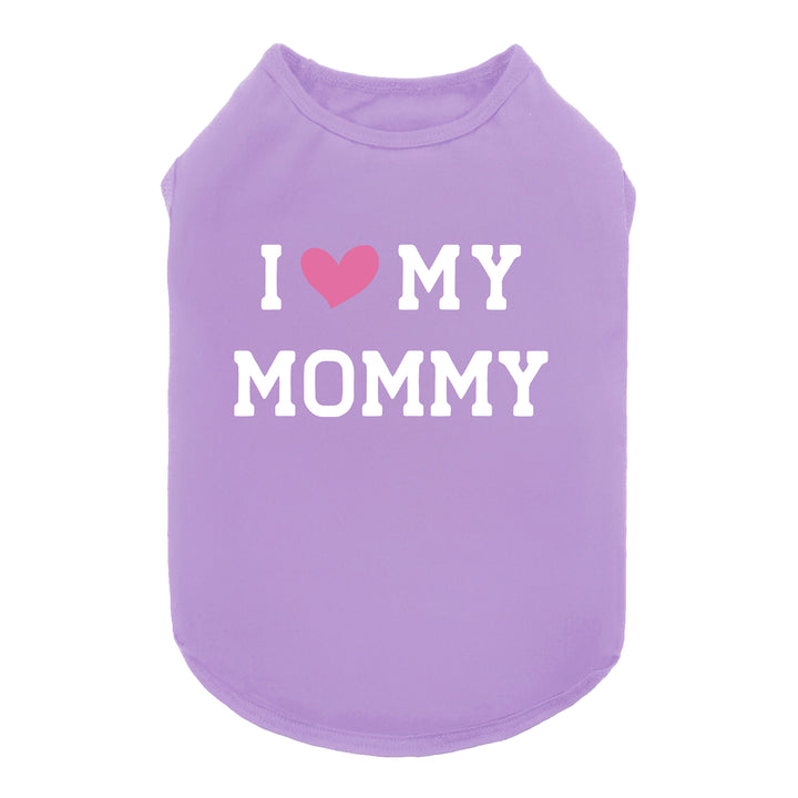 Purple dog shirt with “I ❤️ My Mommy” text print, featuring a simple and cute design.