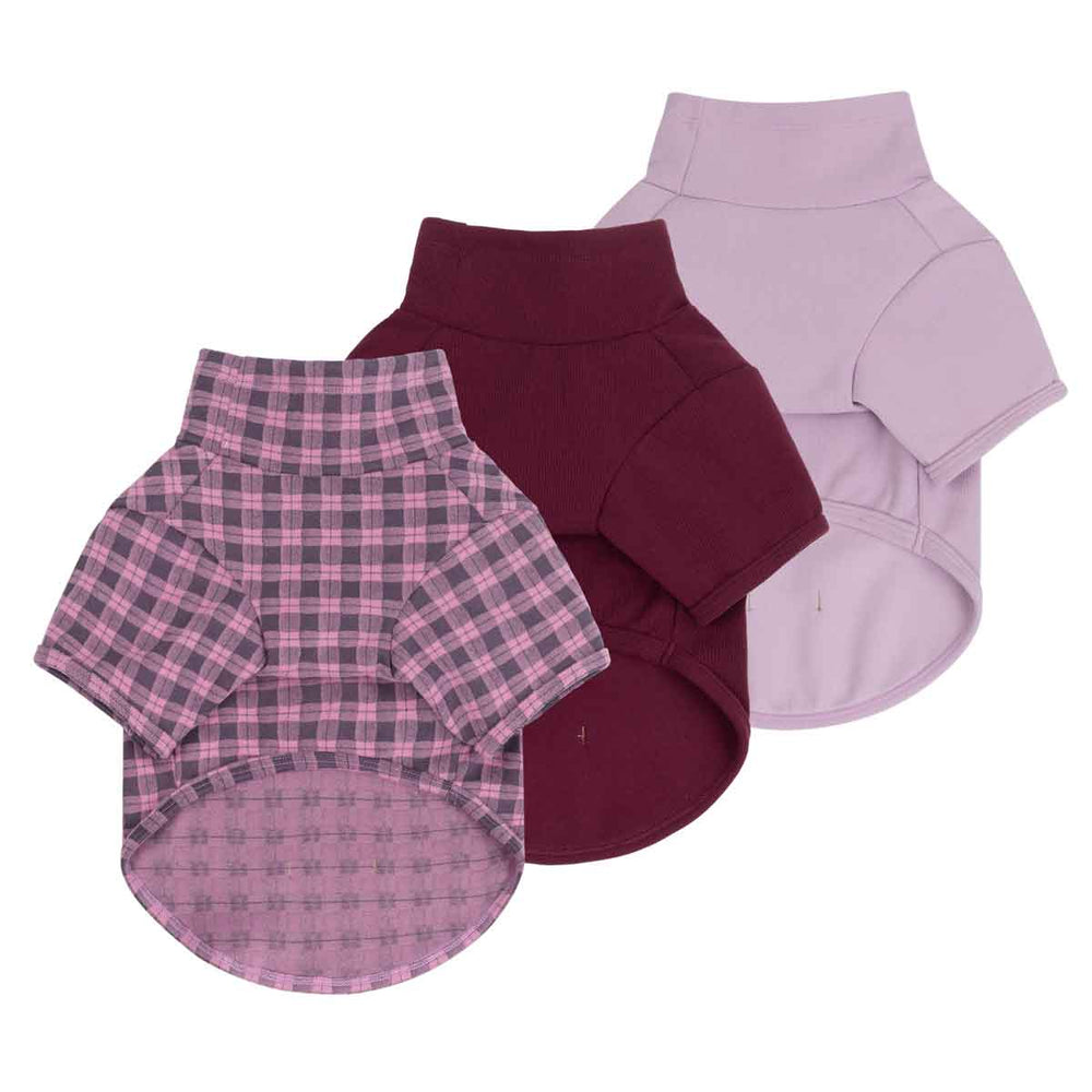 3 pack sweater for dogs in plaid, burgundy, and light purple is displayed on a solid white background. 
