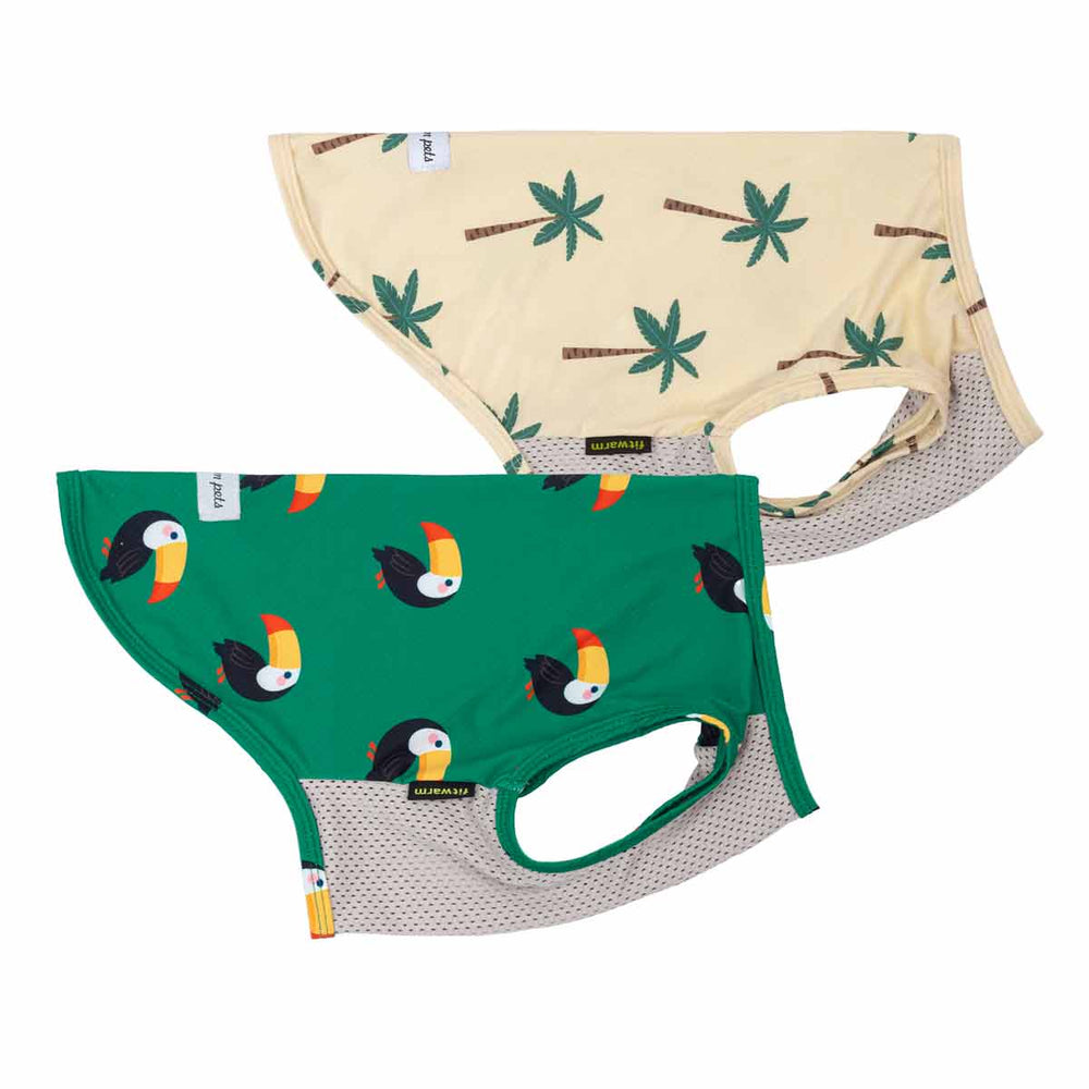 Side view of Hawaiian UPF50 + dog shirt with tropical prints and breathable mesh fabric