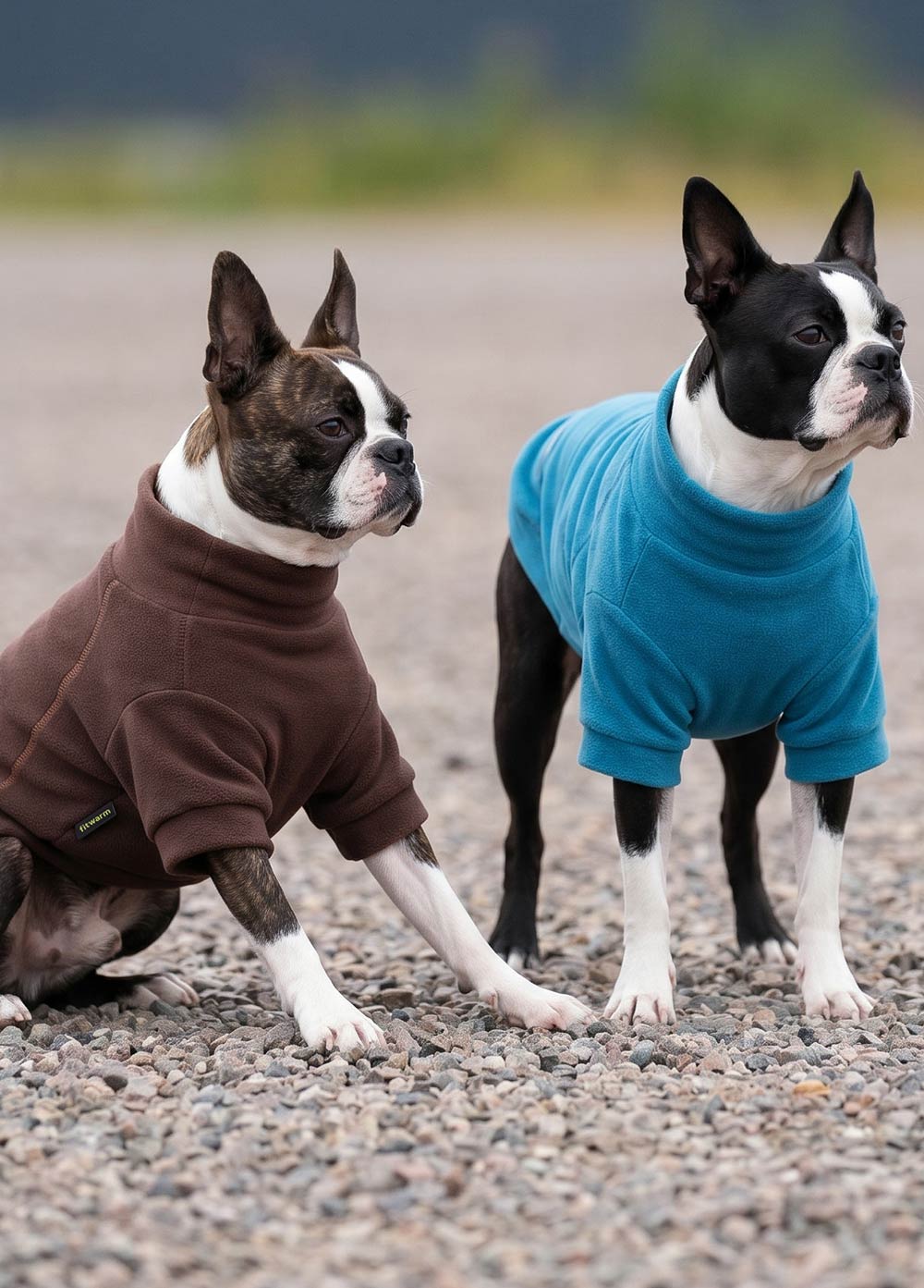 Two Boston Terrier dogs wearing dog sweaters, one in brown and one in teal blue, standing on a gravel path outdoors