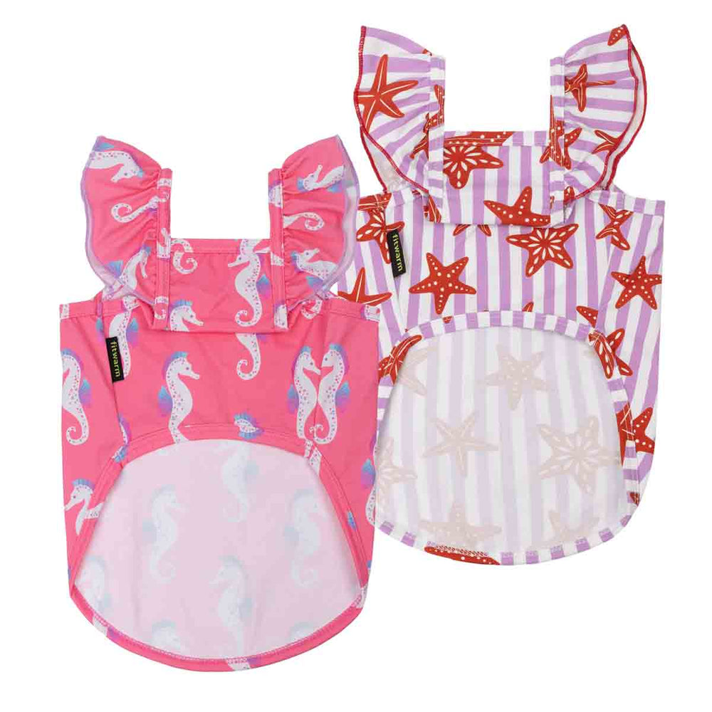 Hawaiian shirt for dogs with seahorse and starfish patterns on a white background