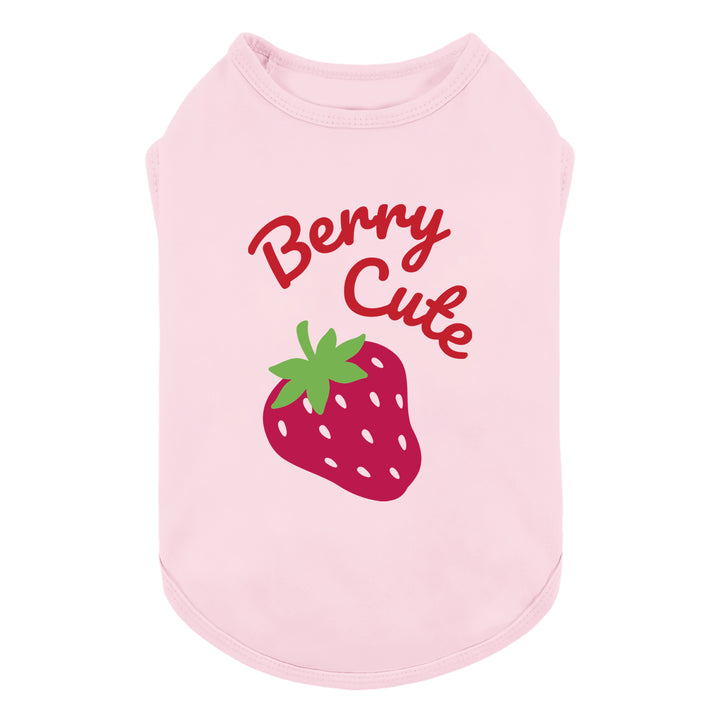 Pink dog t shirt with 'Berry Cute' lettering and strawberry graphic on a white background