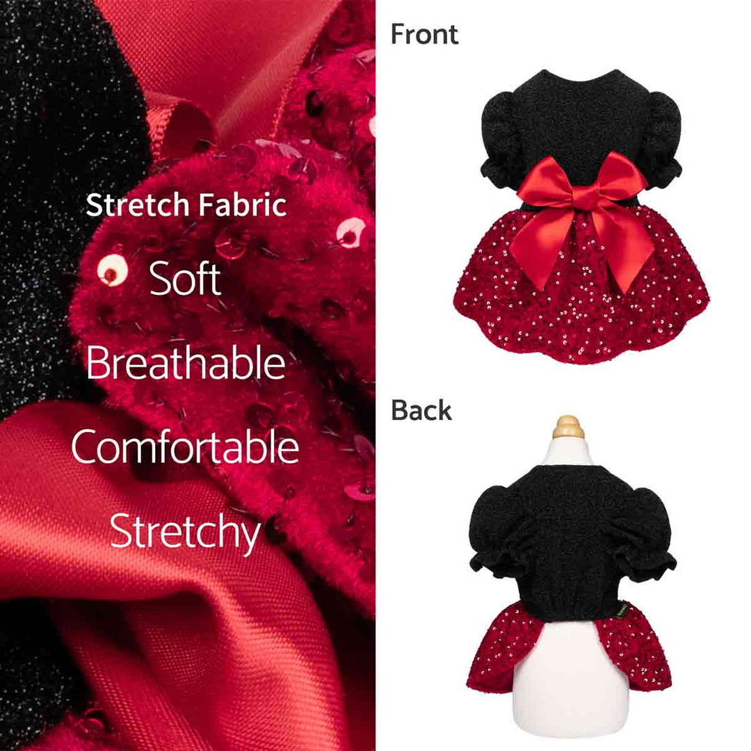 Red glittery dress with black sleeves on a mannequin, labeled with fabric properties.