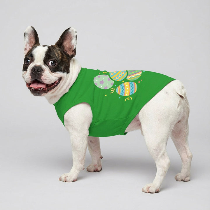 Dog wearing a green dog tank top with Easter egg prints