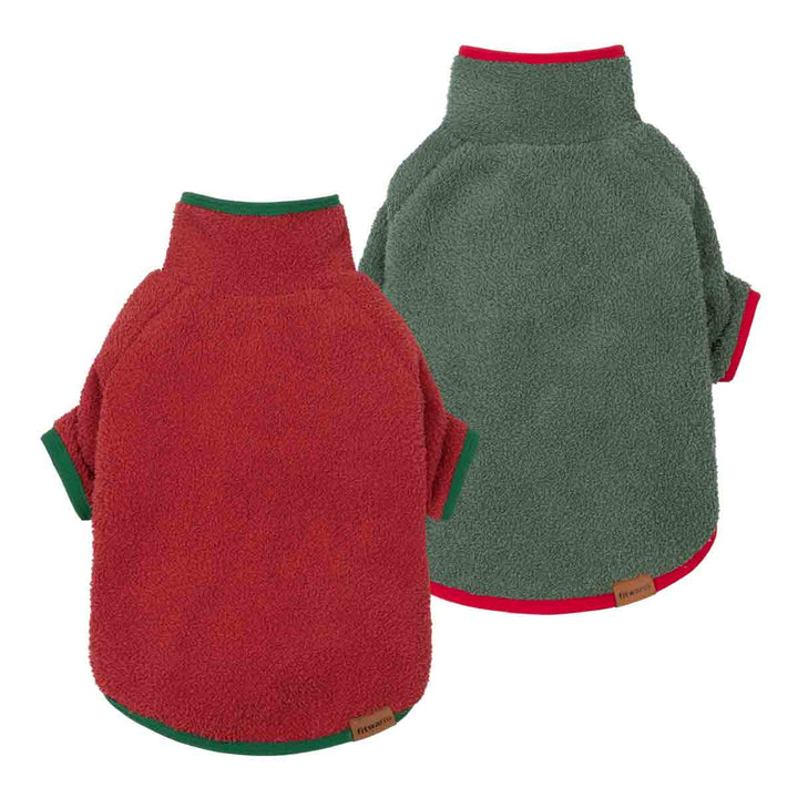 Two fleece hoodie for dogs shown from the back on a white background, one in red with green trim and one in dark green with red trim