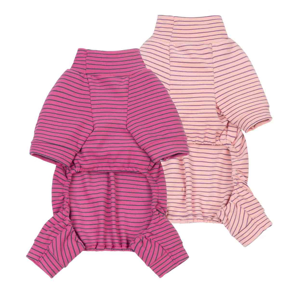 Two striped dog pjs laid flat on a white background, one in bright pink with dark pink stripes and one in light pink with thin red stripes