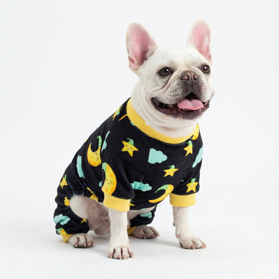 Funny pajamas for dogs on a smilling French Bulldog