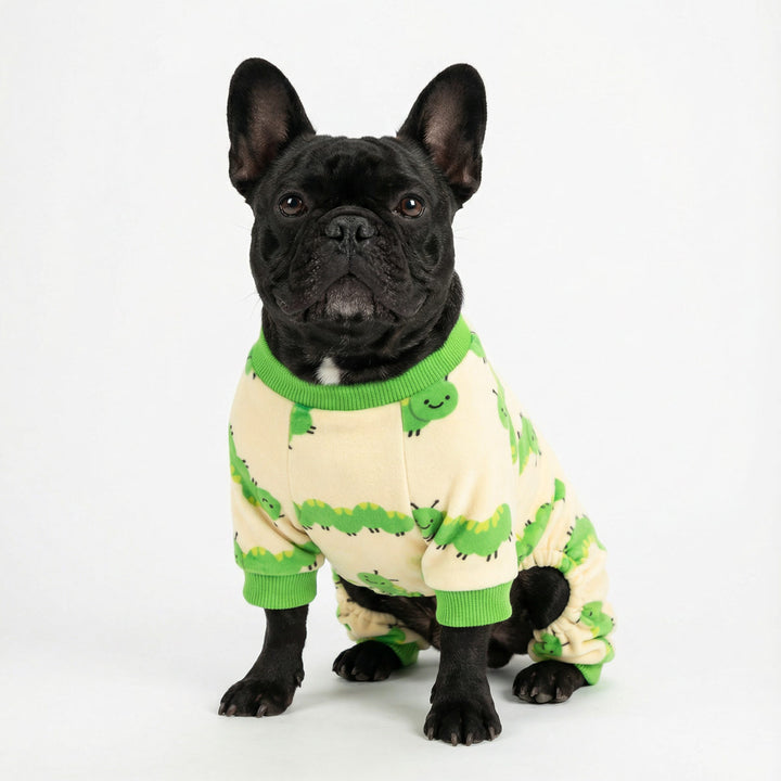 Black French Bulldog sitting on the floor with a funny caterpillar dog jammies