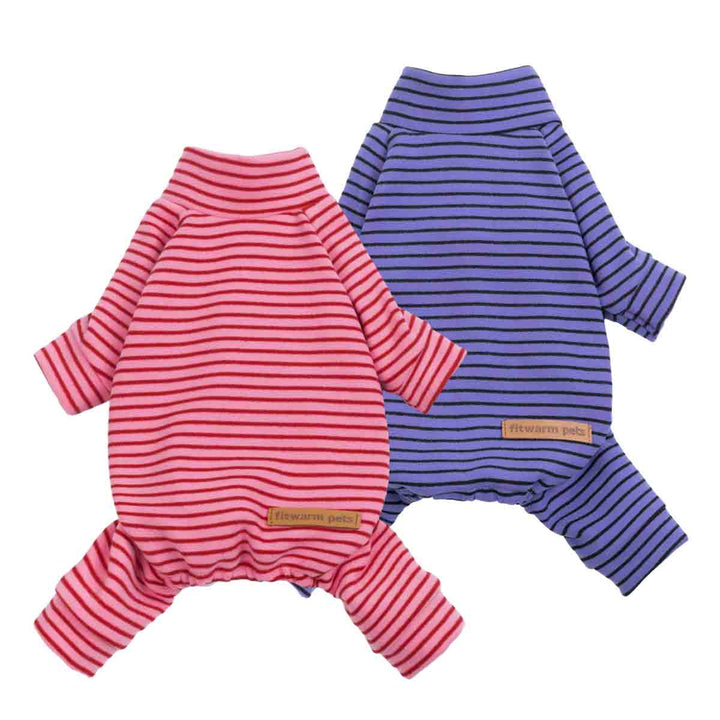 Back view of pink and purple striped dog pajamas, full-coverage four-leg fit