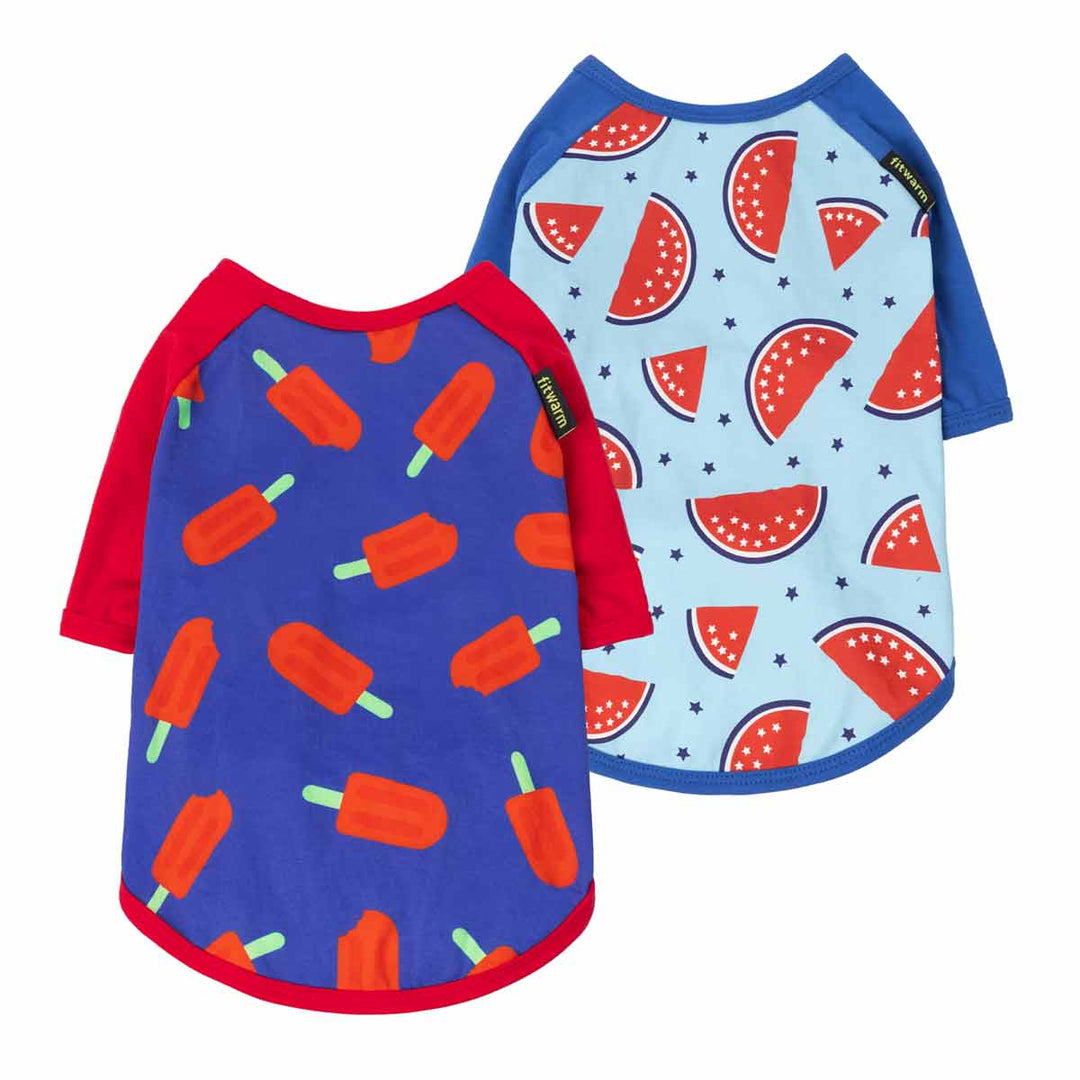 Two dog shirts with ice pop and watermelon patterns on a white background