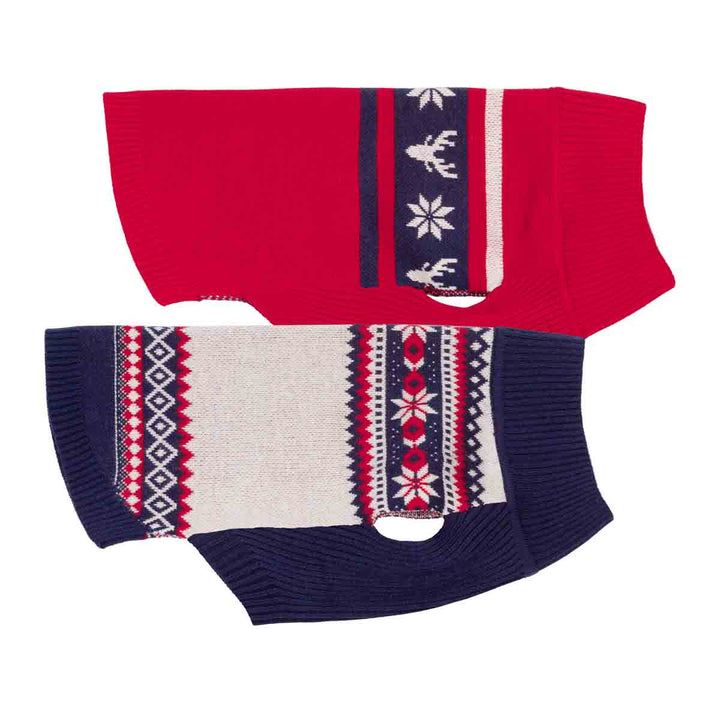 Side view of two knit sweaters for dogs shown on a white background, one in cream with navy and red holiday patterns, and one in bright red with a navy band featuring white snowflakes and reindeer