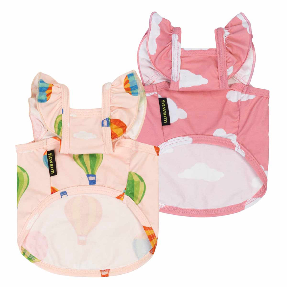 Two summer shirts for dogs with cloud and hot air balloon patterns on a white background