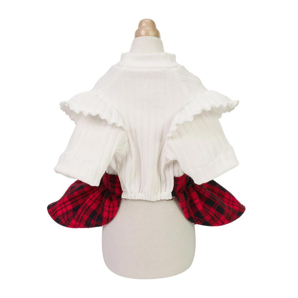 White pet sweater with ruffle cap sleeves and plaid puff sleeves, perfect for small dogs and cats.