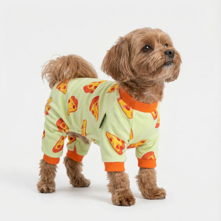 Hilarious pajamas for dogs with pizza pattern on a dog