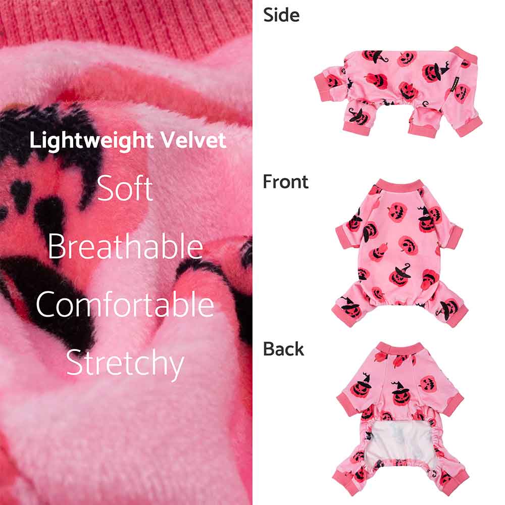 Pink pumpkin dog pajamas: close-up of lightweight, breathable fabric; front, back, side views of full-body Halloween onesie.