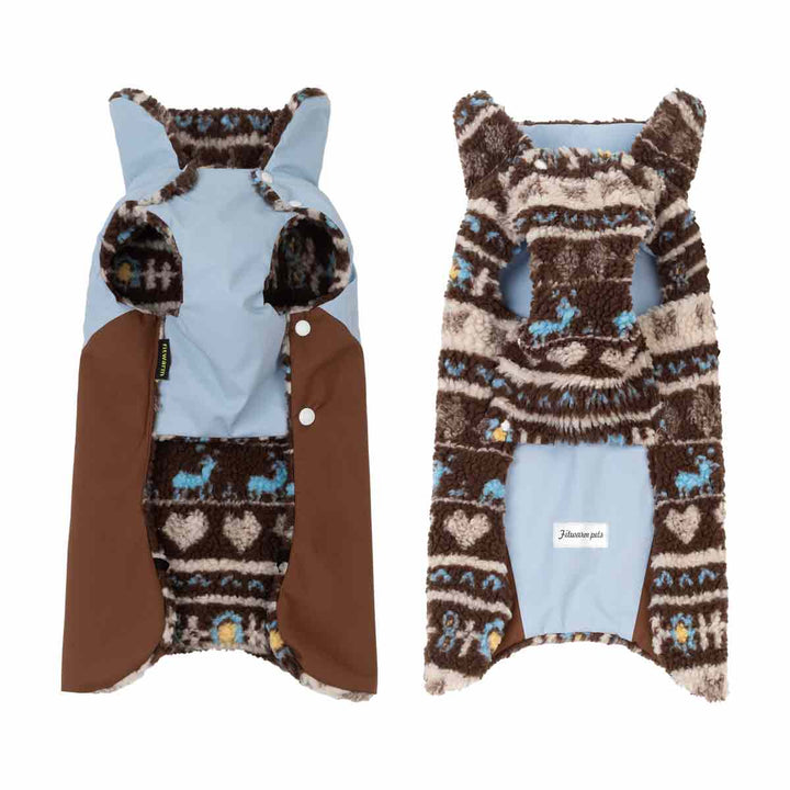Dog winter coat shows the front with brown faux-fur sleeves, a light blue outer layer, and a patterned panel