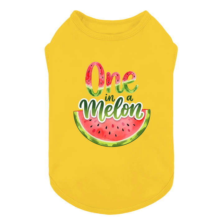 Yellow dog tank top with 'One in a Melon' lettering and watermelon graphic on a white background
