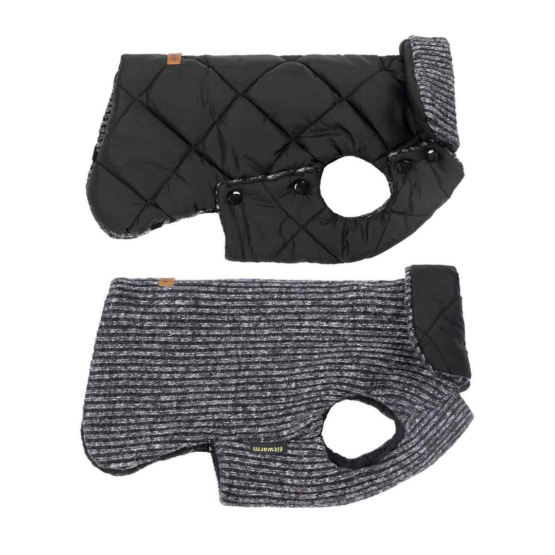 Black quilted dog coat with diamond stitching & grey striped knit dog coat, both reversible with leash openings.