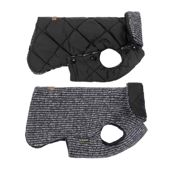Black quilted dog coat with diamond stitching & grey striped knit dog coat, both reversible with leash openings.