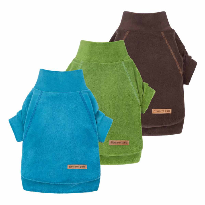 Three pack dog sweaters in blue, green, and brown with a brand label on a white background