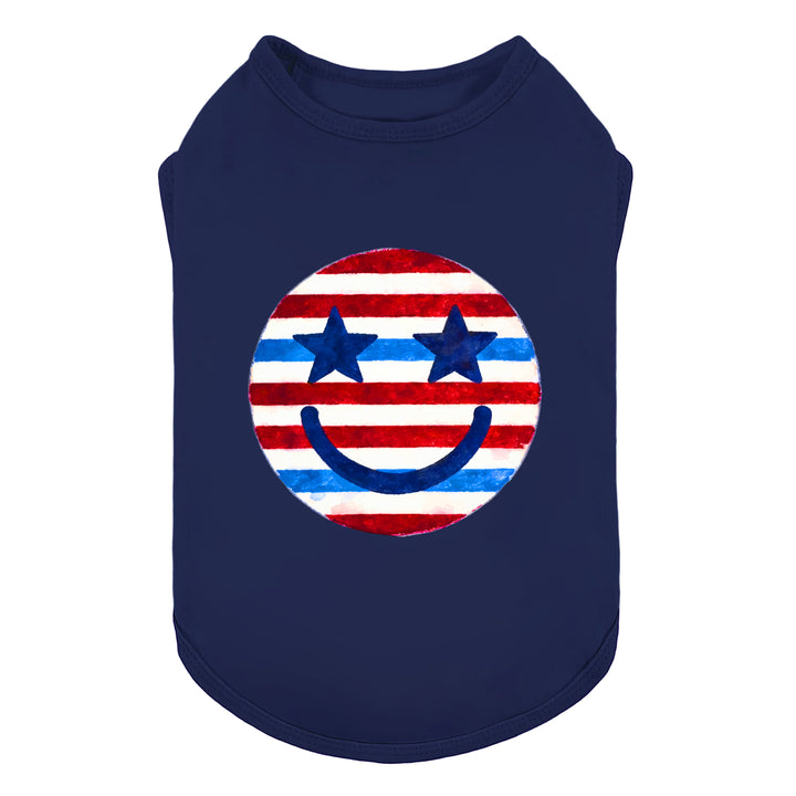 Navy blue dog shirt with a red, white, and blue smiley face design on a white background