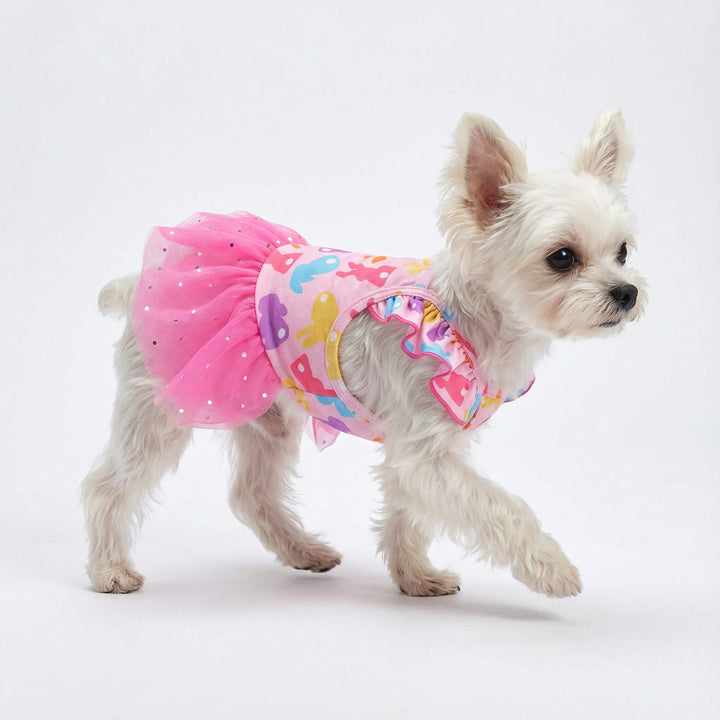 Small dog walking with an Easter dress for dogs paired with a tulle skirt