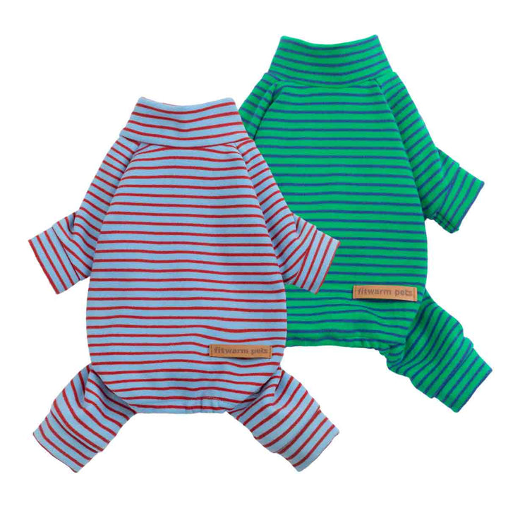 Front view of striped dog pajamas, green blue and light blue red, snug turtleneck fit.
