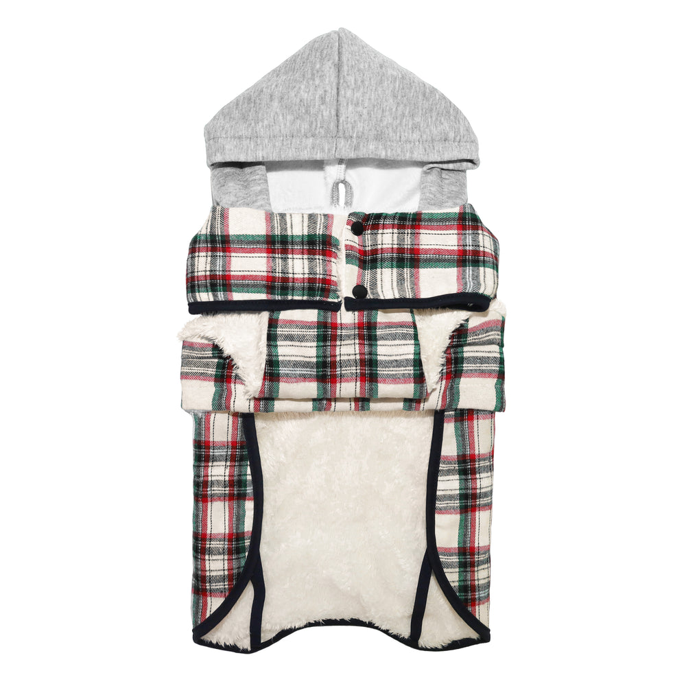 Plaid winter dog coat with hood, red and white tartan design, fleece lining, cozy apparel for small dogs