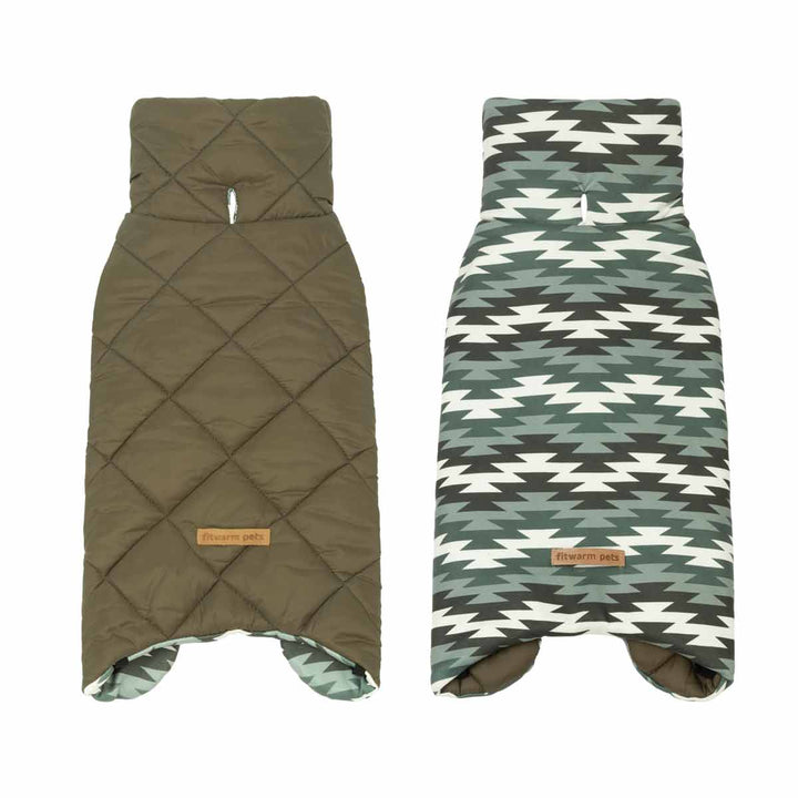 Quilted dog coats shown on different sides on a white background
