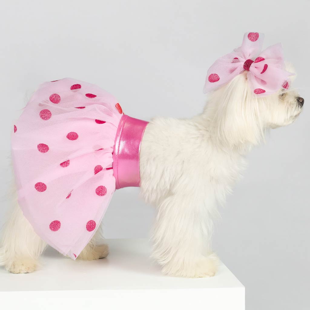 Maltese in a Pink Polka Dot Dog Dress with Charming Bowknot - Fitwarm Dog Clothes