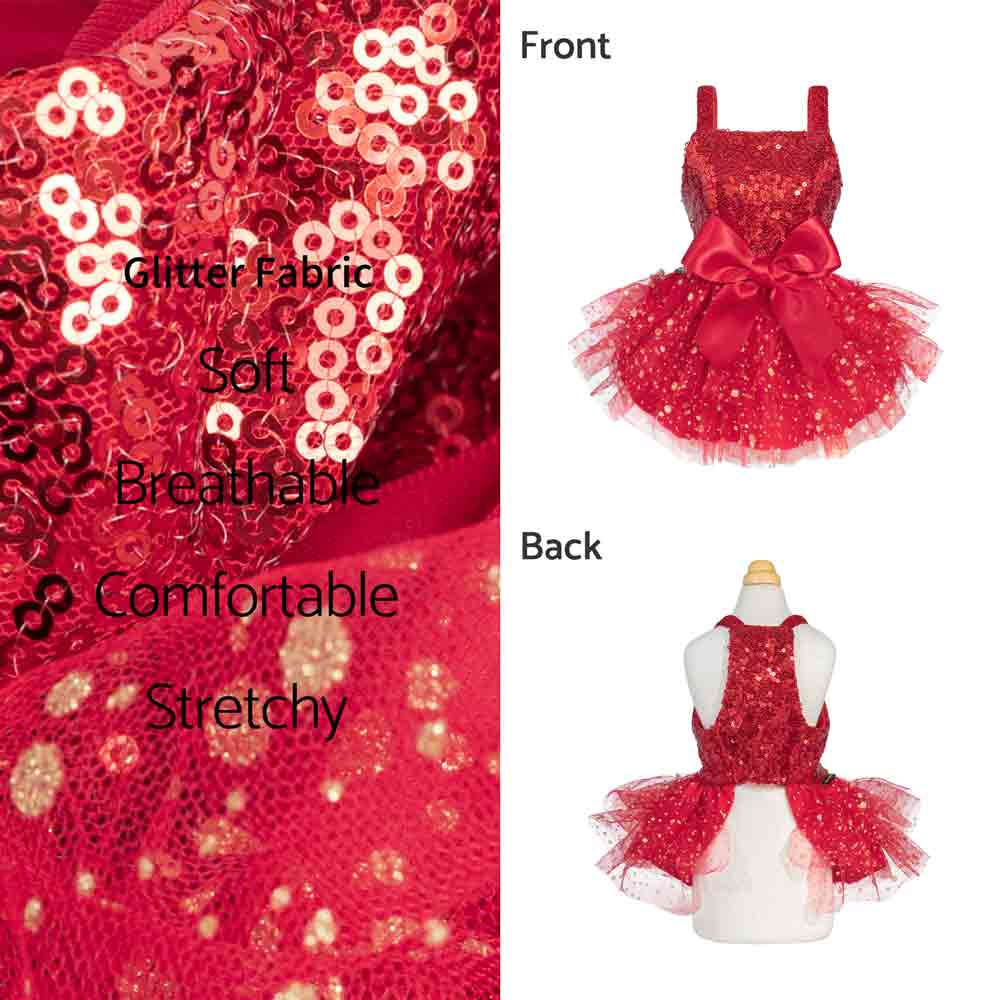 Red sequin dress with glitter fabric, soft, breathable, comfortable, and stretchy properties.